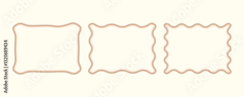 Rope rectangle frames collection. Wavy brown curves twisted cord borders. Vintage, rustic, retro decorative elements for invitations, cards, tags, crafts, branding. Minimal nautical, western concept.