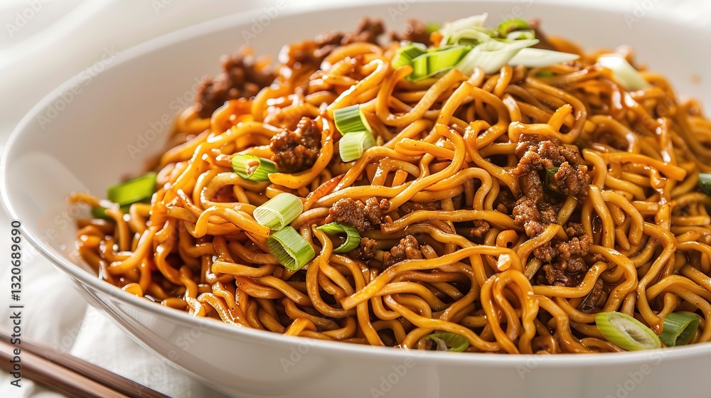 A plate of appetizing noodles with soy bean paste is presented. The noodles are long and chewy, topped generously with a rich and savory soy bean paste sauce. Mixed within the sauce are small pieces o A plate of appetizing noodles with soy bean paste is presented. The noodles are long and chewy, topped generously with a rich and savory soy bean paste sauce. Mixed within the sauce are small pieces o