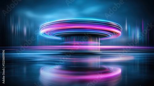 Futuristic neon carousel spinning at night with reflections on wet ground. Modern amusement ride