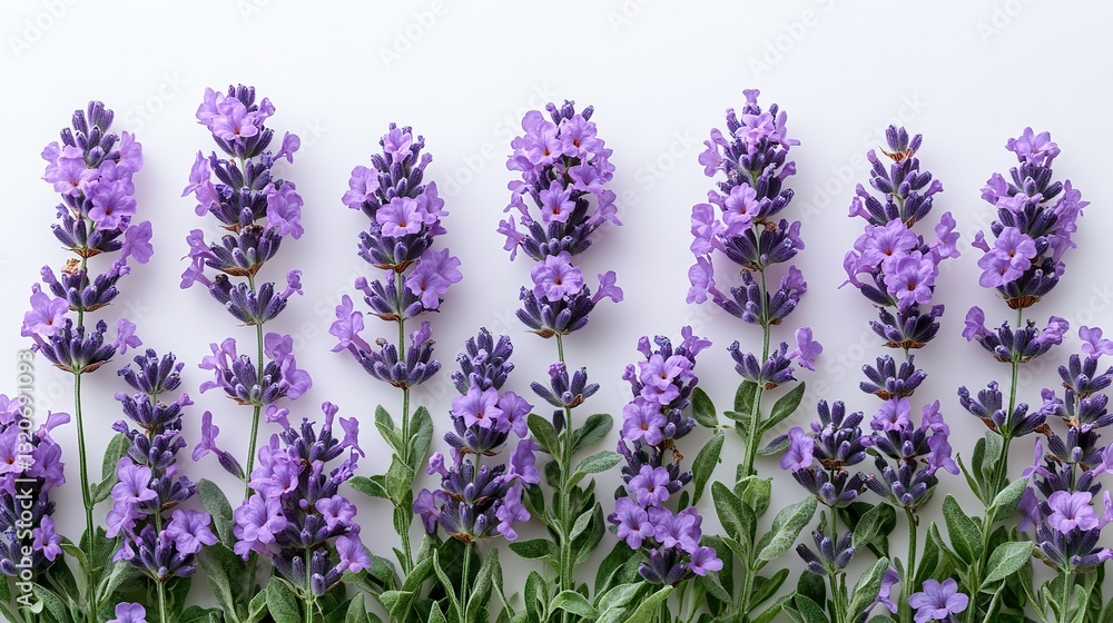 Naklejka premium Lavender flowers are arranged on white, evoking tranquility.