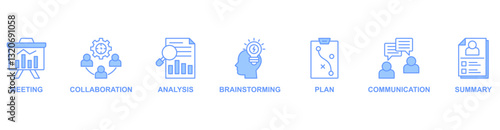 Brief banner web icon vector illustration concept with icon of meeting, collaboration, analysis, brainstorming, plan, communication, summary