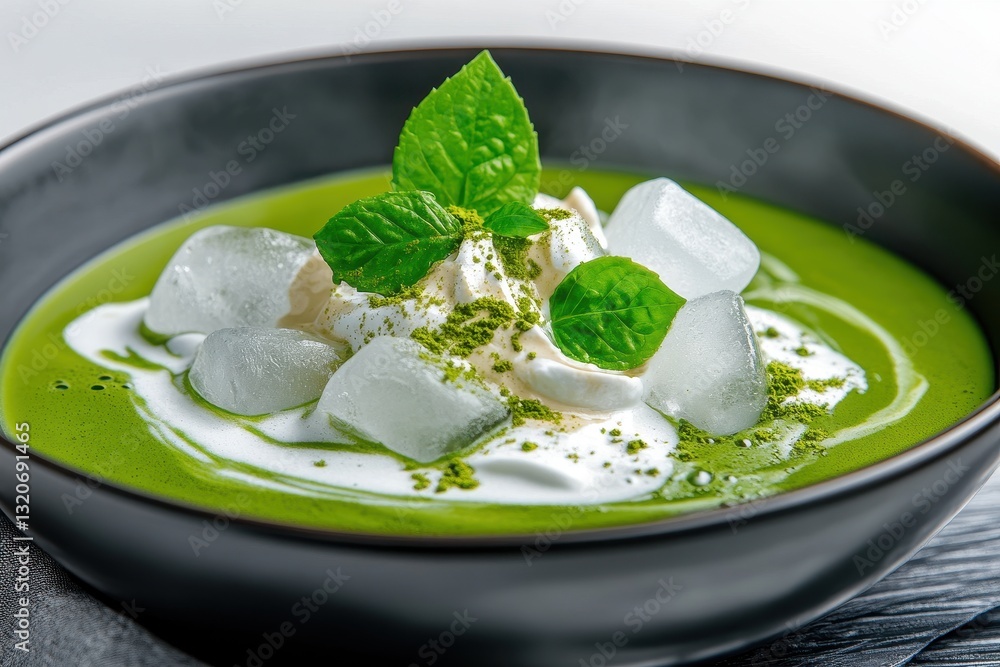Refreshing Matcha Dessert with Ice Cubes and Mint Leaves in Black Bowl Refreshing Matcha Dessert with Ice Cubes and Mint Leaves in Black Bowl