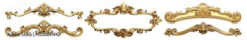 Set of gold vintage ornaments with baroque details, isolated on transparent cutout background