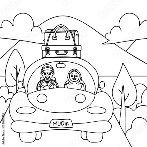 Mudik Homecoming Coloring Page - Family Road Trip for Eid Holiday - Ramadan Travel Outline Vector