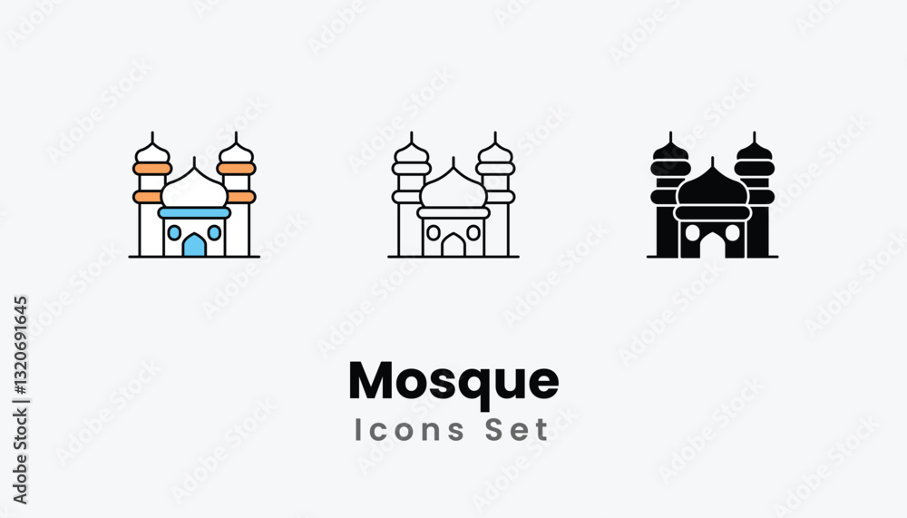 Mosque Icons thin line and glyph vector icon stock illustration