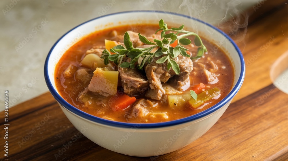 Aromatic and hearty stew, simmering in a rustic bowl, garnished with fresh herbs. Perfect for a cozy autumn evening. Aromatic and hearty stew, simmering in a rustic bowl, garnished with fresh herbs. Perfect for a cozy autumn evening.