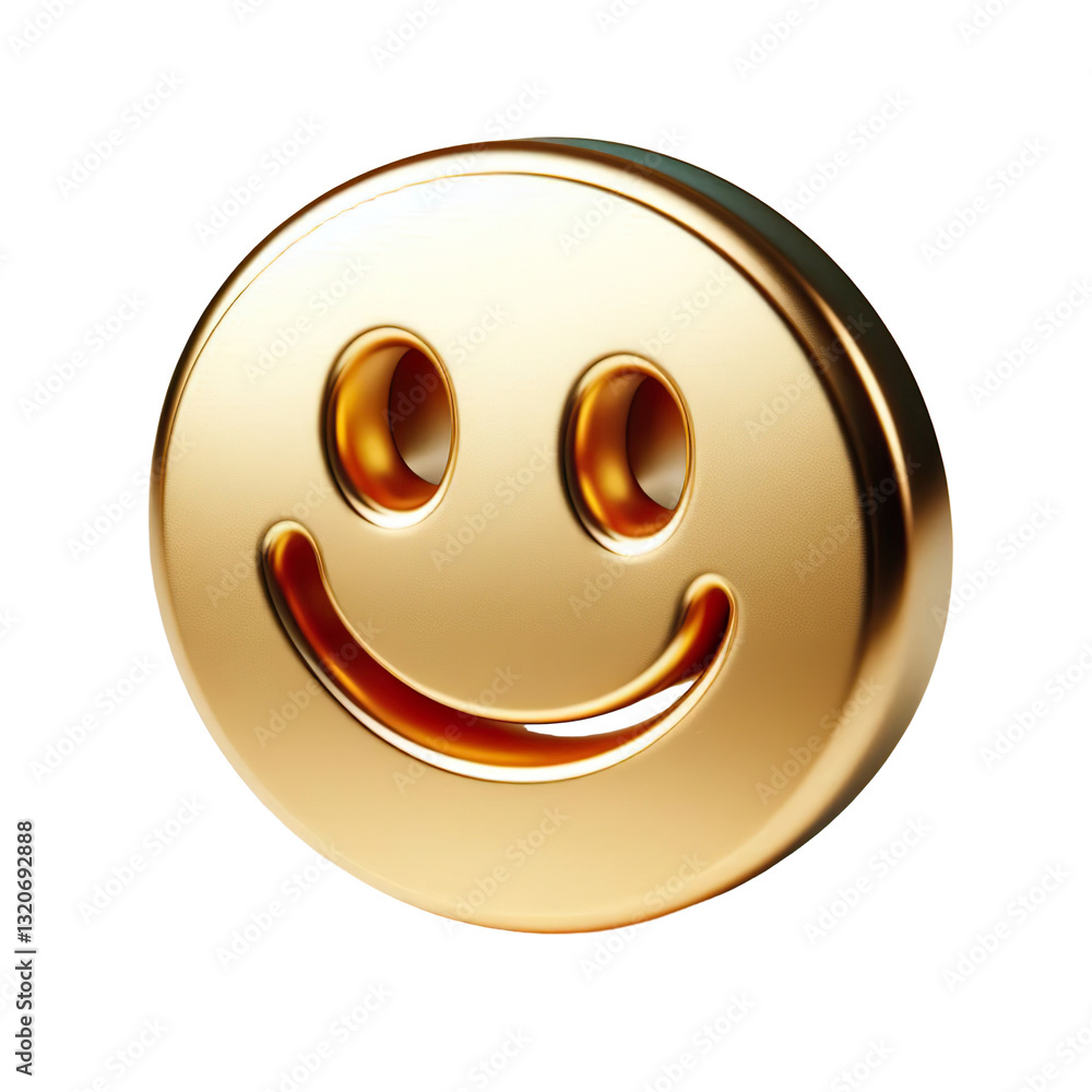 3d metallic gold smiley face icon on a white background isolated PNG