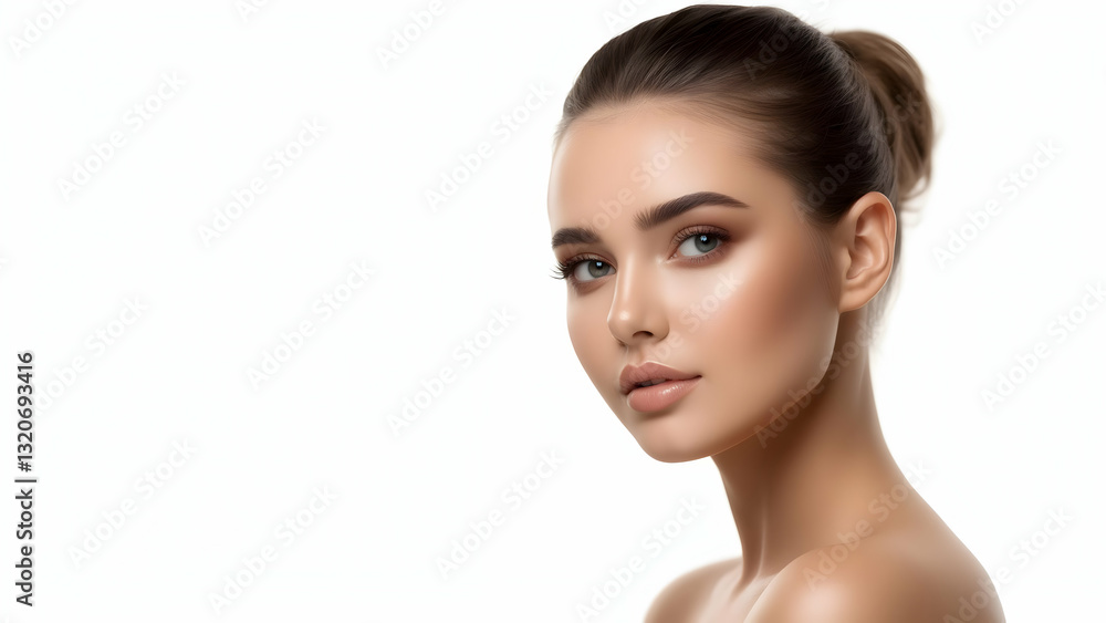 Stunning Radiance in Light: A Young Woman Glows Under Softbox at 45 Degrees, Framed on the Right Third with Bokeh for Skincare Commercial Shine Stunning Radiance in Light: A Young Woman Glows Under Softbox at 45 Degrees, Framed on the Right Third with Bokeh for Skincare Commercial Shine