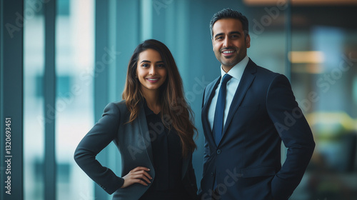 Two confident business professionals in formal attire, embodying professionalism and collaboration.