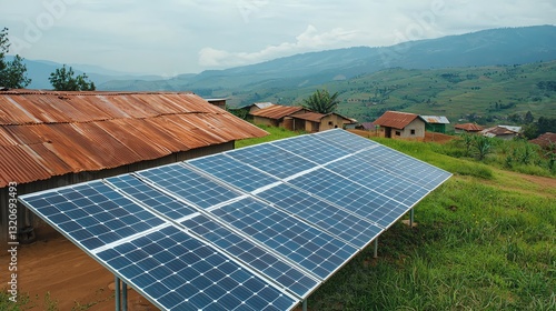 Solar Panels Providing Power to Rural Village with Mountainous Background