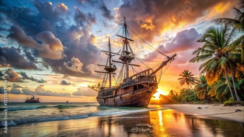 Wallpaper Mural Ancient Pirate Xebec Shipwreck, Sun-Drenched Wooden Hull, Tropical Island Background, Dramatic Lighting, Detailed Architectural Photography Torontodigital.ca