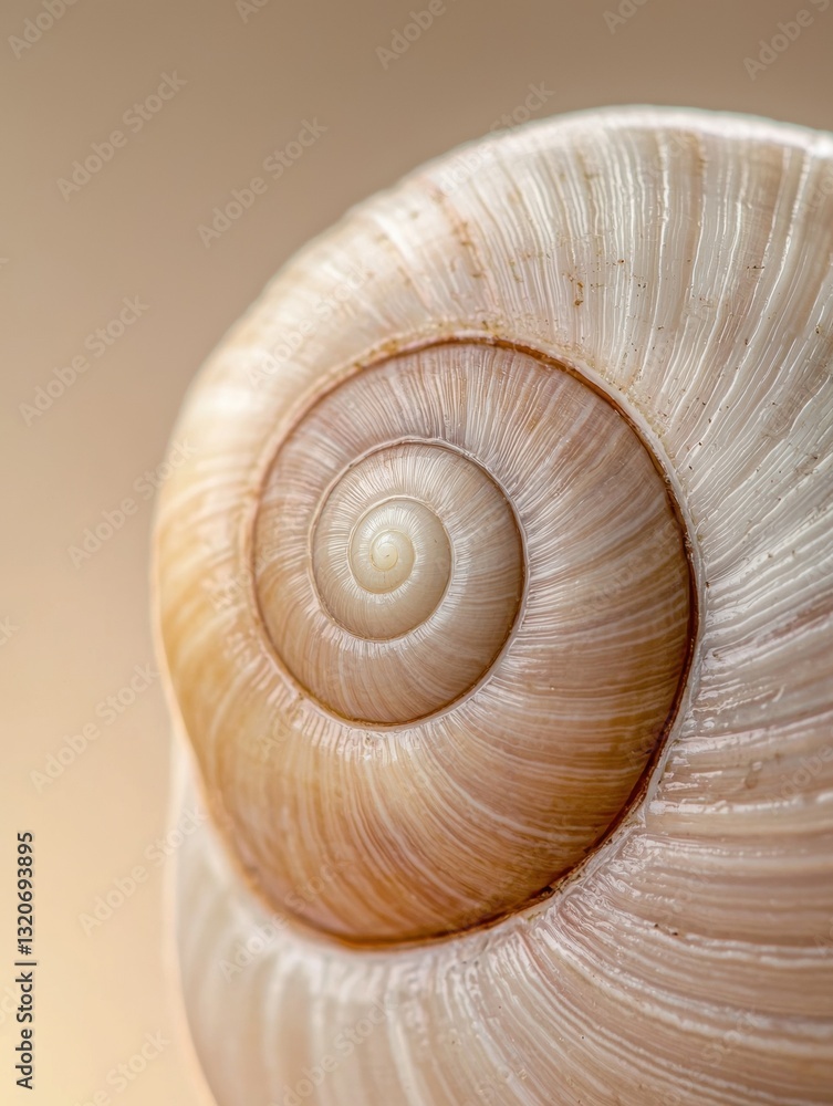 Close-up of a spiral shell. the shell is light brown in color and has a smooth texture. the center of the shell is a darker brown color with a spiral pattern. Close-up of a spiral shell. the shell is light brown in color and has a smooth texture. the center of the shell is a darker brown color with a spiral pattern.