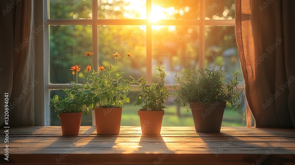 Morning sunlight streams through a bright window, illuminating a serene kitchen where a wooden table displays potted herbs. Morning sunlight streams through a bright window, illuminating a serene kitchen where a wooden table displays potted herbs.