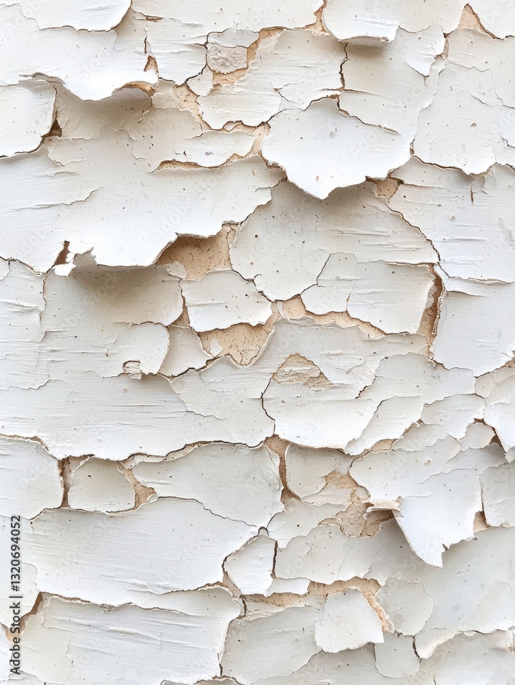 Obraz premium Close-up of a peeling paint texture. the paint is white and has a rough, uneven surface with deep cracks and crevices.