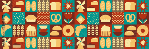 Abstract bakery menu background with line drawing. Geometric pattern bread, croissant, donut. Bakery line pattern.