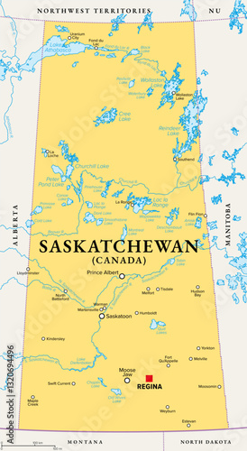 Saskatchewan, province in Western Canada, political map with boundaries, and largest cities, rivers and lakes. One of the prairie provinces, with capital Regina and the largest city Saskatoon. Vector