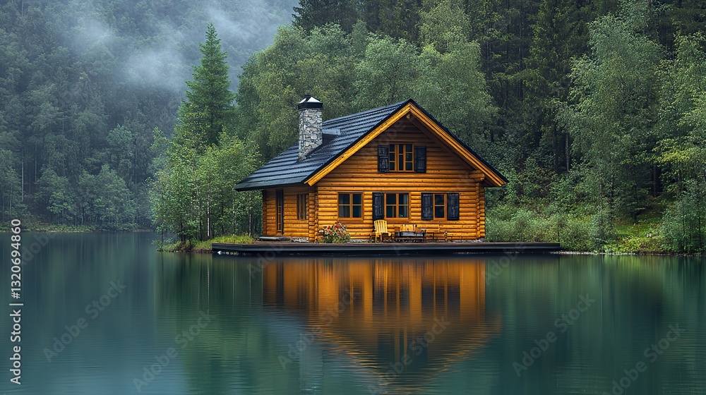 Fototapeta premium Nestled by a tranquil lake and dense forest, a charming wooden cabin reflects serenely in calm waters, a picturesque scene of peaceful solitude.