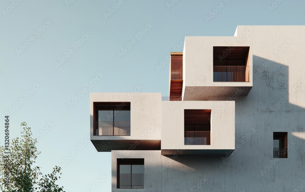 Modern concrete building with geometric design, featuring balconies and large windows. Warm sunlight casts shadows on the textured facade. Minimalist architecture against a clear sky Modern concrete building with geometric design, featuring balconies and large windows. Warm sunlight casts shadows on the textured facade. Minimalist architecture against a clear sky