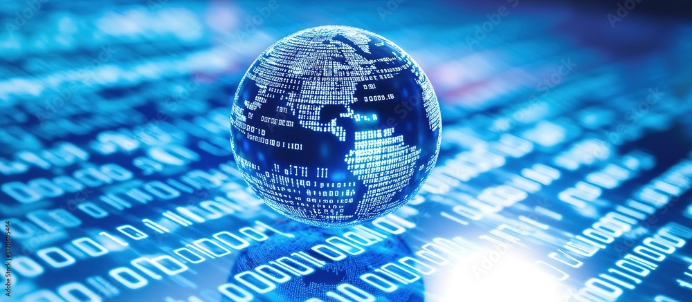 A globe on a background image composed of blue binary code, representing the concepts and themes of global digitalization, the internet, and technological development. A globe on a background image composed of blue binary code, representing the concepts and themes of global digitalization, the internet, and technological development.