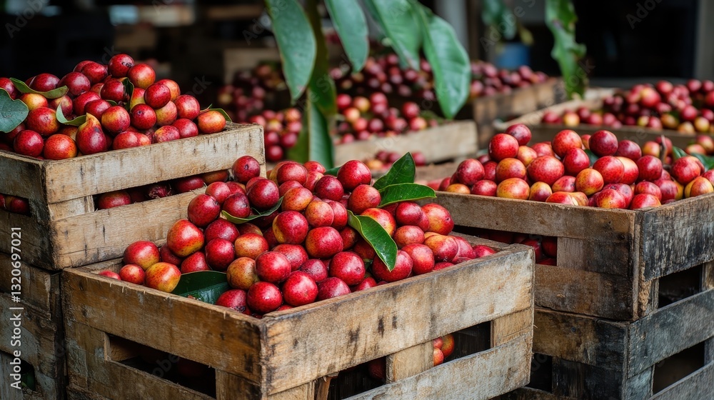 Freshly Harvested Red and Yellow Stone Fruits in Wooden Crates at Outdoor Market Display