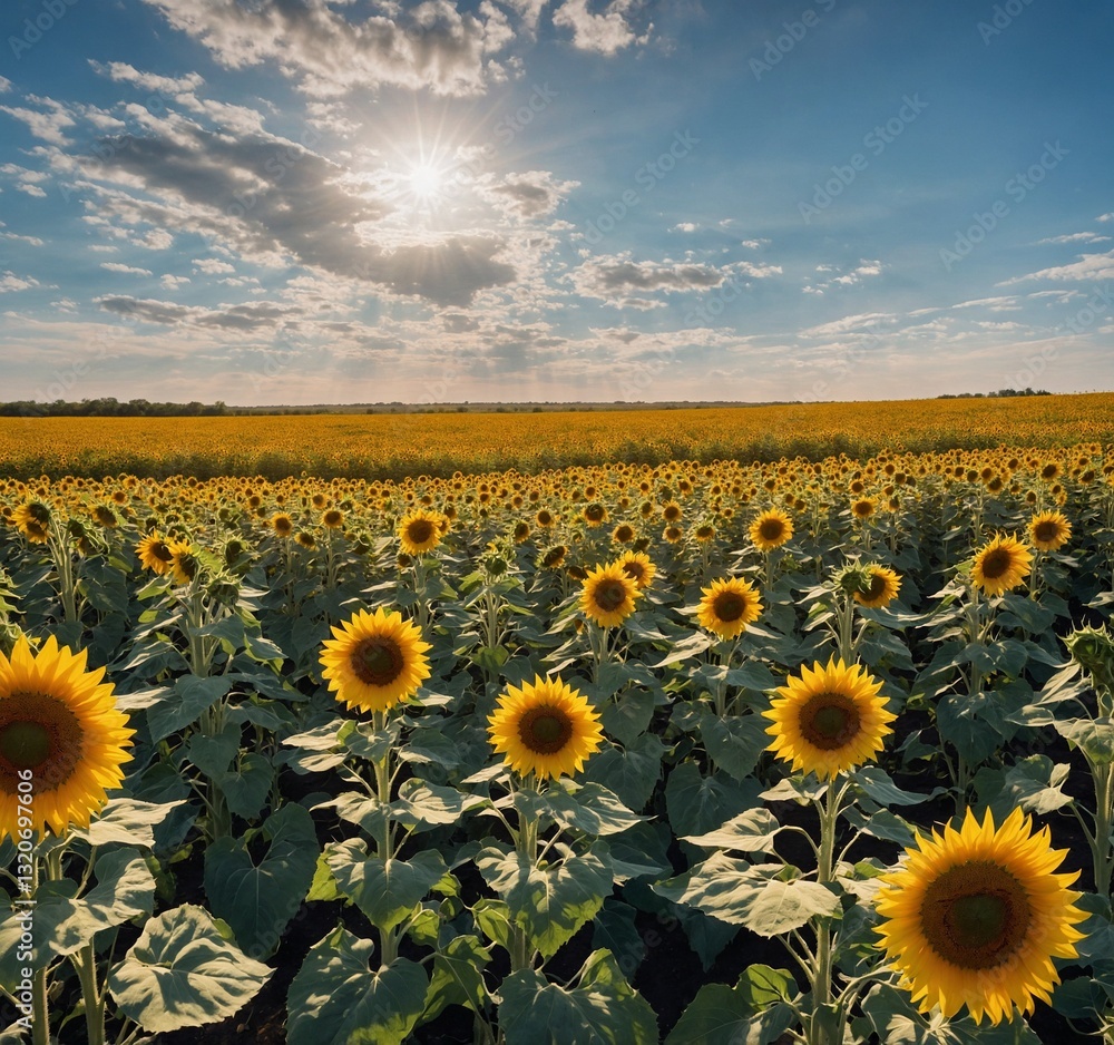 Obraz premium 40. Sunflower Field Under a Bright Blue Sky – A sea of towering sunflowers stretching endlessly toward the horizon. Their golden petals glow under the sun, and butterflies flutter between the blossoms