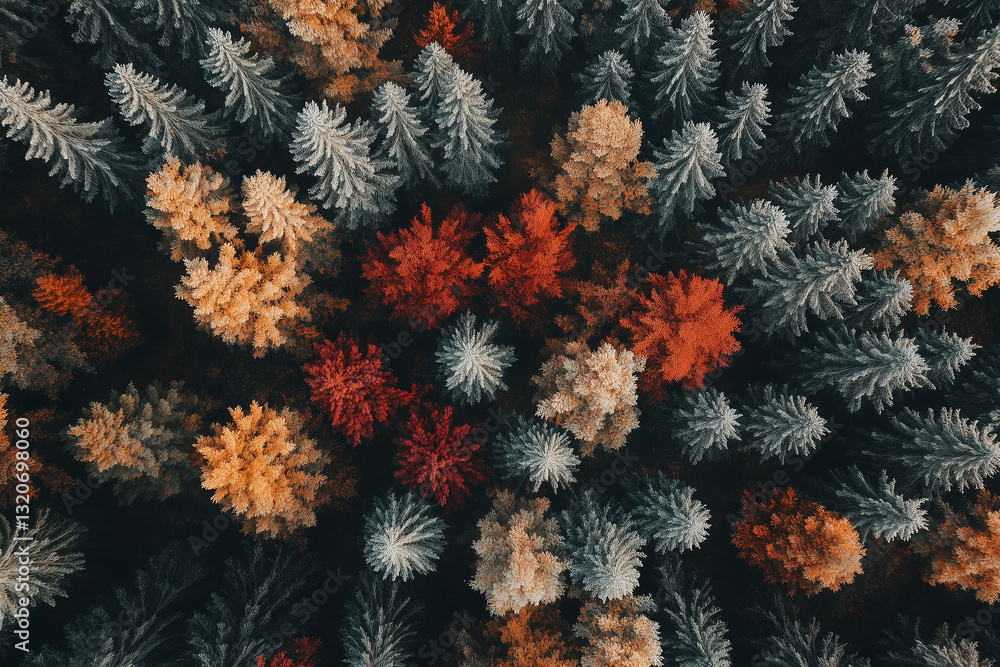 Maple leaves Pine forest. Aerial top view of pine trees in autumn. Maple leaves Pine forest. Aerial top view of pine trees in autumn.