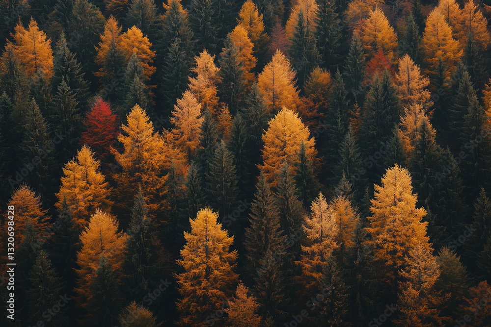 Maple leaves Pine forest. Aerial top view of pine trees in autumn. Maple leaves Pine forest. Aerial top view of pine trees in autumn.
