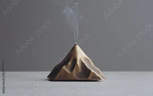 Close-up view of a pyramidal incense burner crafted from textured brass, emitting a thin stream of smoke against a neutral gray backdrop. The image is lit with soft, even lighting