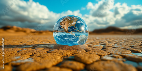 conceptual image of globe on dry cracked landscape. Parched planet earth in the dry landscape with cracked soil at sunset. Global warming or change climate concept. Environmental problems.