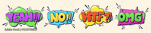 Group of Speech bubbles yeah no wtf omg worlds and halftone elements. Color cartoon comic illustrations.
