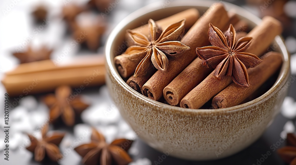 On minimalist white, cinnamon sticks & star anise float, creating a warm, spice-suggesting arrangement. On minimalist white, cinnamon sticks & star anise float, creating a warm, spice-suggesting arrangement.