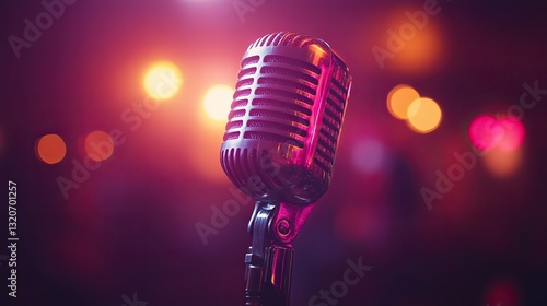 On purple, chrome microphone is lit by neon lights, creating a vibrant atmosphere for music or podcasting.
