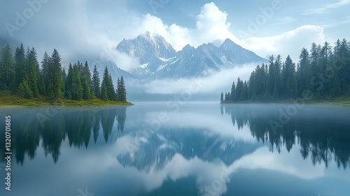 On sunny day, calm mountain lake reflects peaks and trees under cloudy sky creating breathtaking natural landscape.