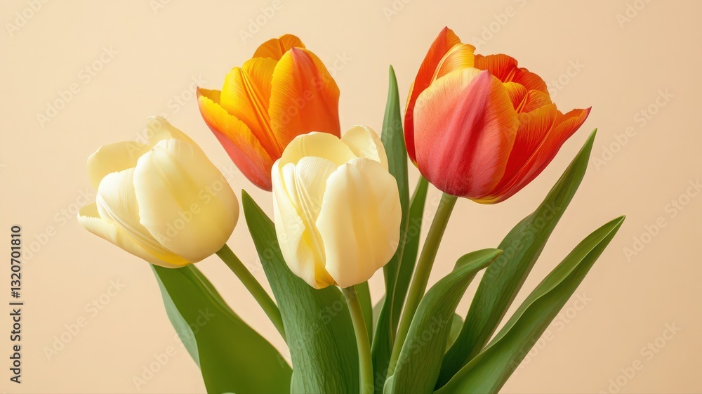 Water Droplets on Orange and Yellow Tulips Against Peach Background Water Droplets on Orange and Yellow Tulips Against Peach Background