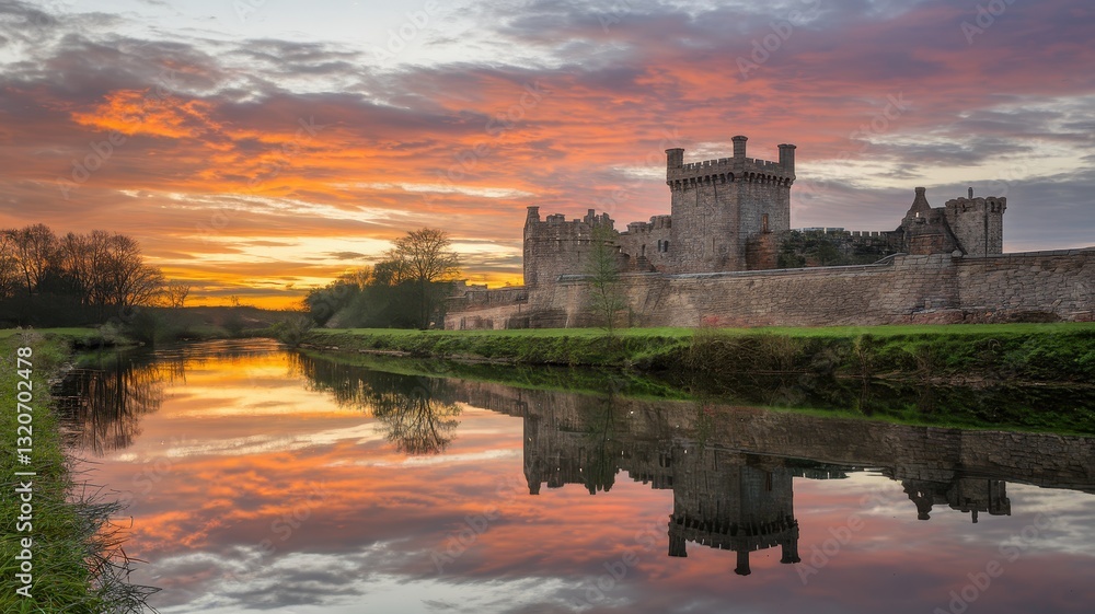 Obraz premium Magnificent Sunset Reflection at Trim Castle, Ireland