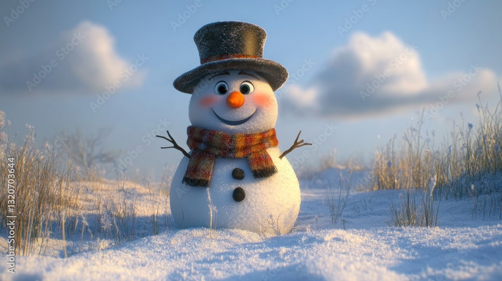 Obraz premium Cheerful snowman in top hat and scarf, standing in snowy field under a bright sky