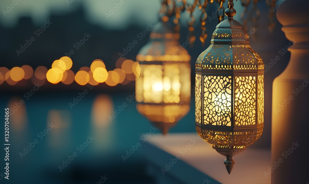 Two delicate white and gold lanterns sway gently in the evening breeze, suspended by ornate golden chains that glisten in the soft ambient light