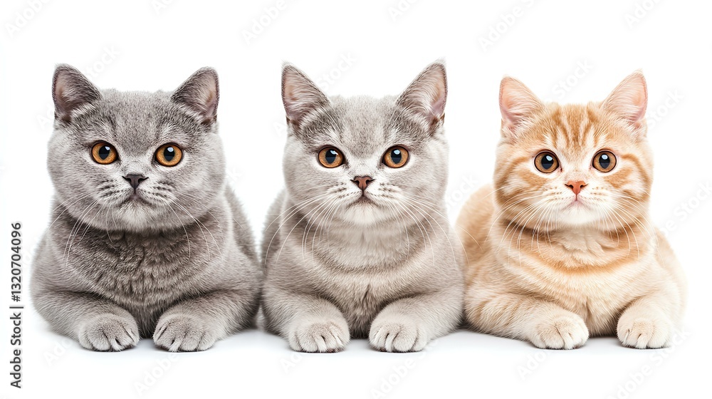 Three British shorthair cat sitting and looking in front isolated on white background