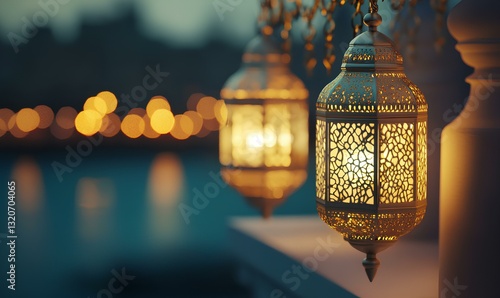 Obraz na płótnie Two delicate white and gold lanterns sway gently in the evening breeze, suspended by ornate golden chains that glisten in the soft ambient light w salonie