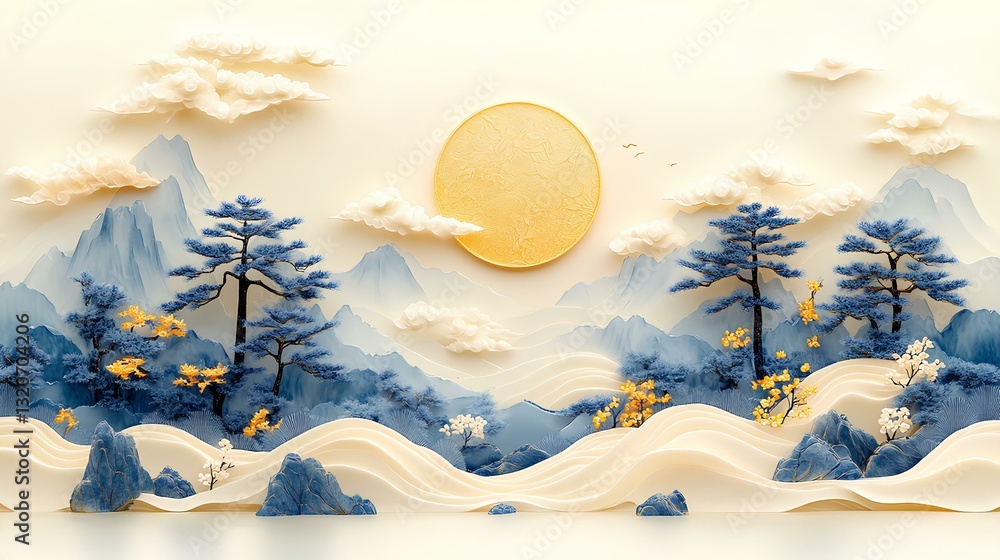 traditional Chinese patternline drawing , the Moon of Mid AutumnFestival, gold lines on a white background