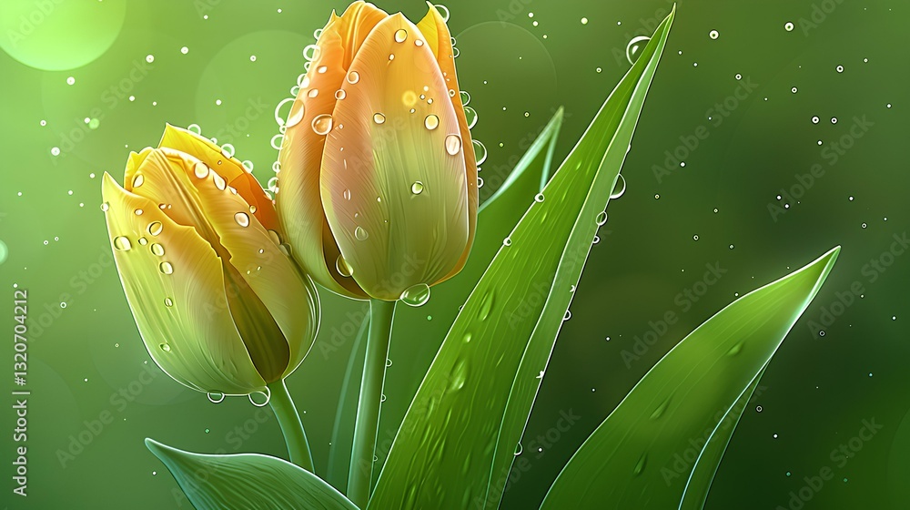 Two tulips. There are three tender green leaves. The dewdrops are crystal clear