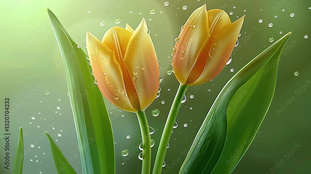 Two tulips. There are three tender green leaves. The dewdrops are crystal clear
