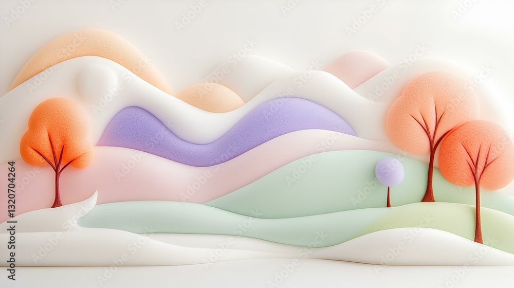 super felt wool 3D style with white, pastel blue and red, pastel purple and green, soft and fluffy, whimsical