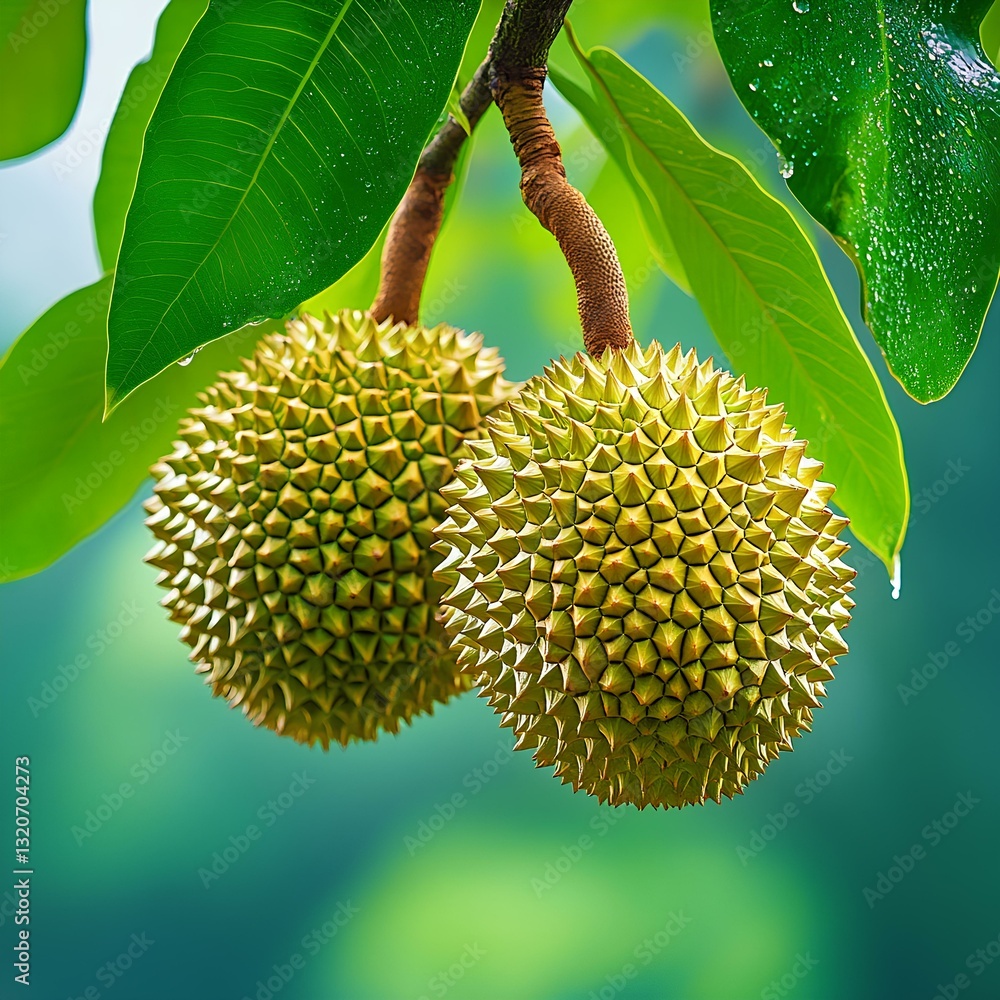Two fresh, ripe durians hanging on a branch, dotted with green leaves and water drops, the bright colors and embellishment of durian leaves create a natural