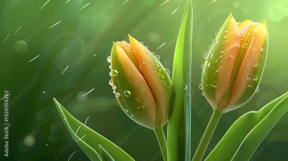 Two tulips. There are three tender green leaves. The dewdrops are crystal clear