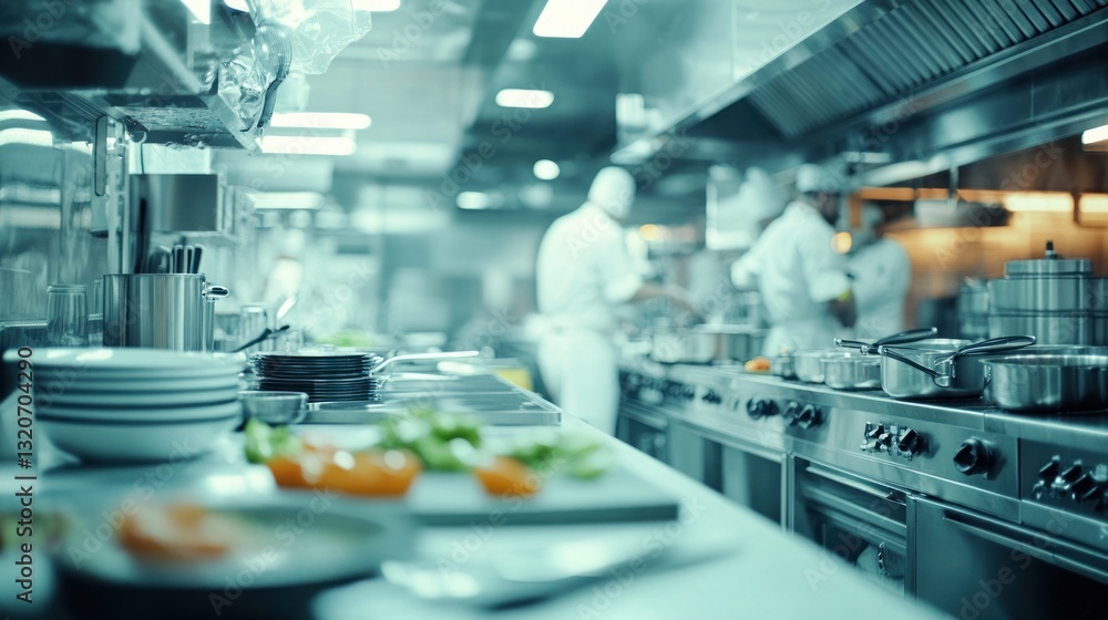 Fototapeta premium Sleek, stainless steel commercial kitchen with chefs preparing food