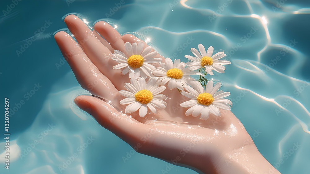 young woman's white and tender hand is placed in the water, with a few small yellow flowers on the side, close-up, artistic conception