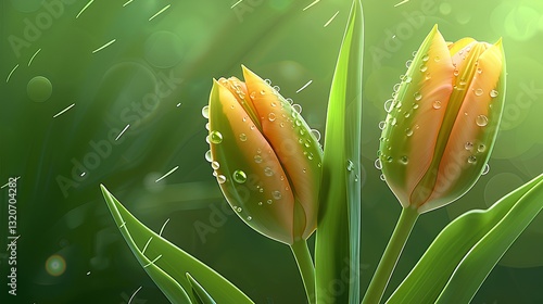 Obraz na płótnie Two tulips. There are three tender green leaves. The dewdrops are crystal clear w salonie