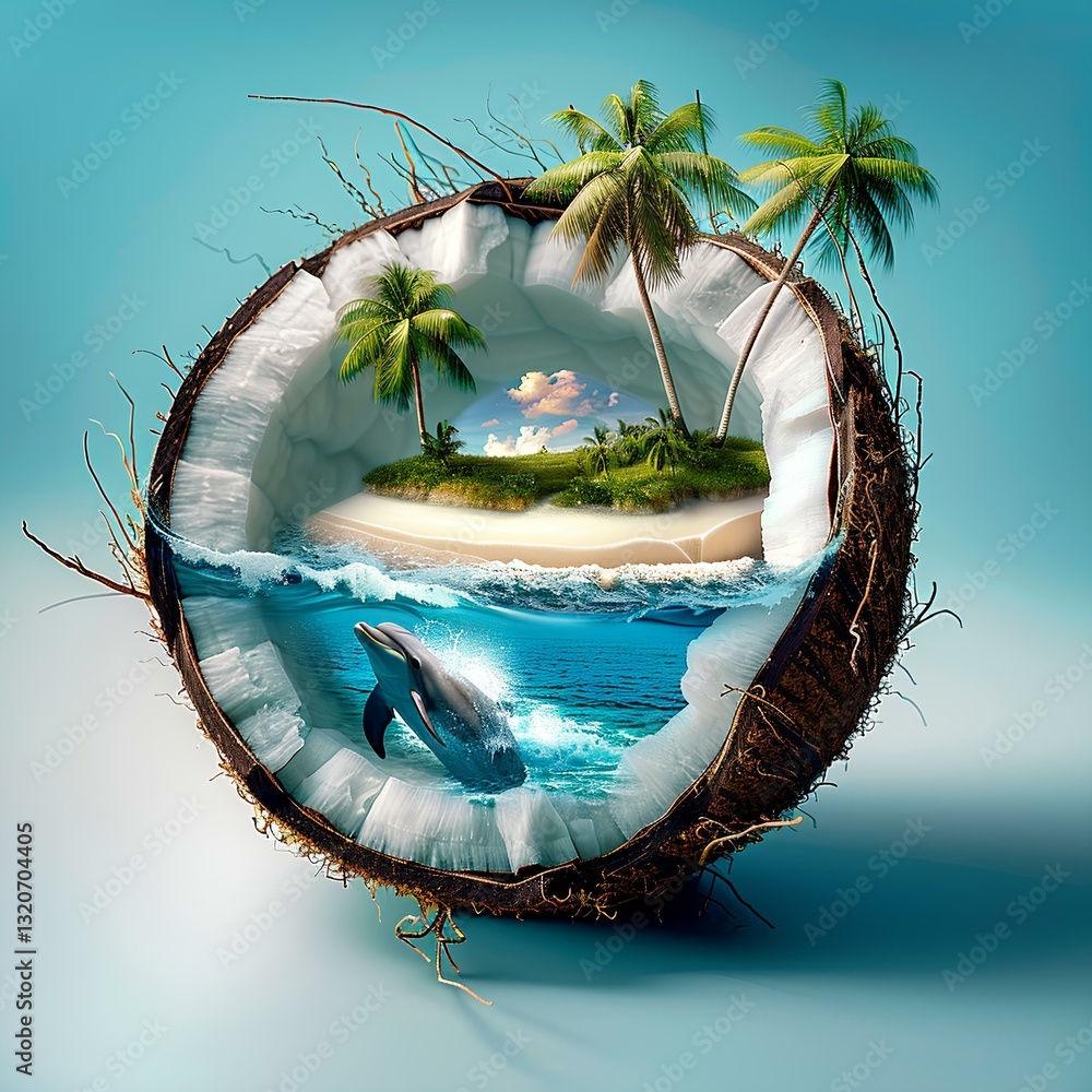 there is an island, lawn, beach, palm trees, ocean, dolphins inside the coconut shell