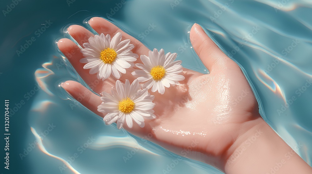 young woman's white and tender hand is placed in the water, with a few small yellow flowers on the side, close-up, artistic conception